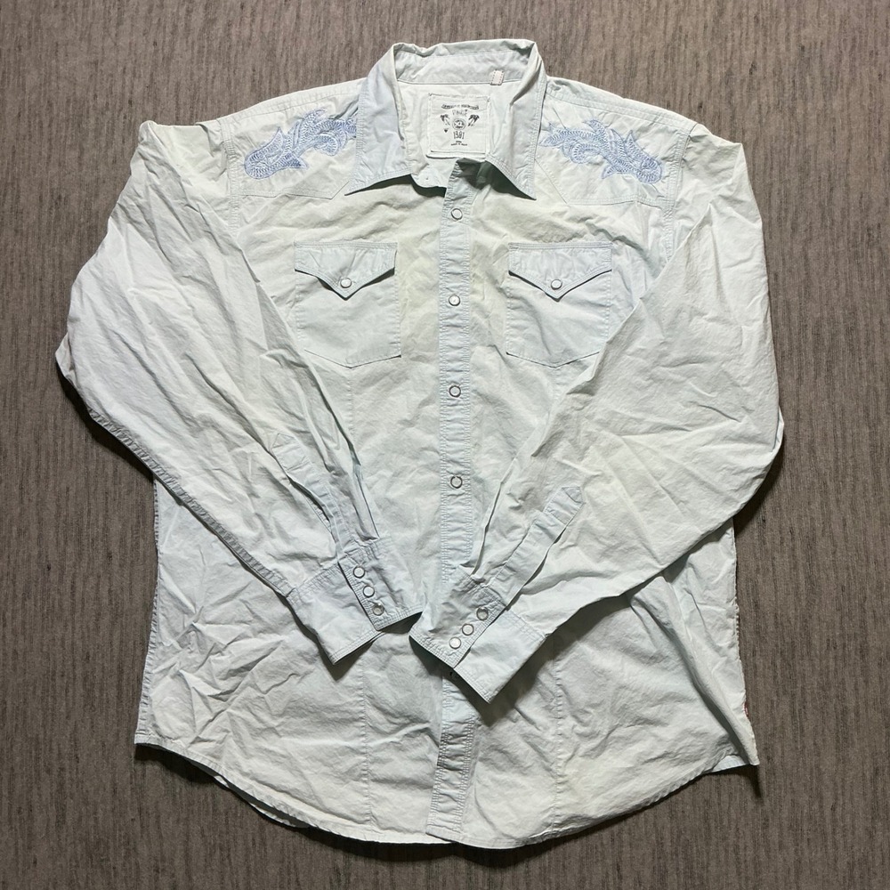 Guess Vintage 1981 Mens Western Pearl Snap Shirt Embroidered Light Blue XL